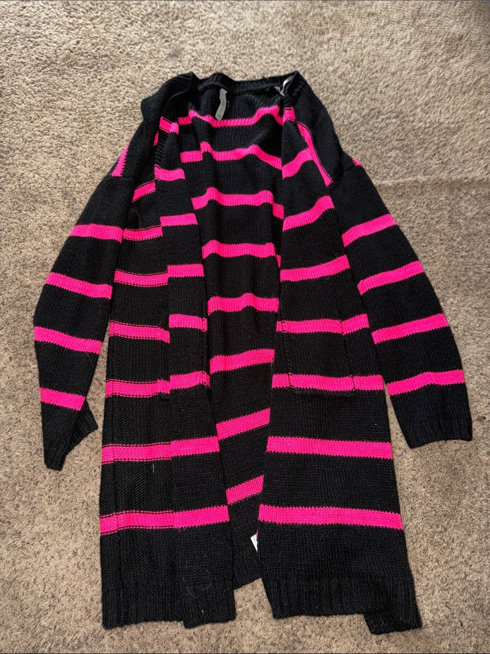 Striped Open-Front Black and Hot Pink Women's Cardigan